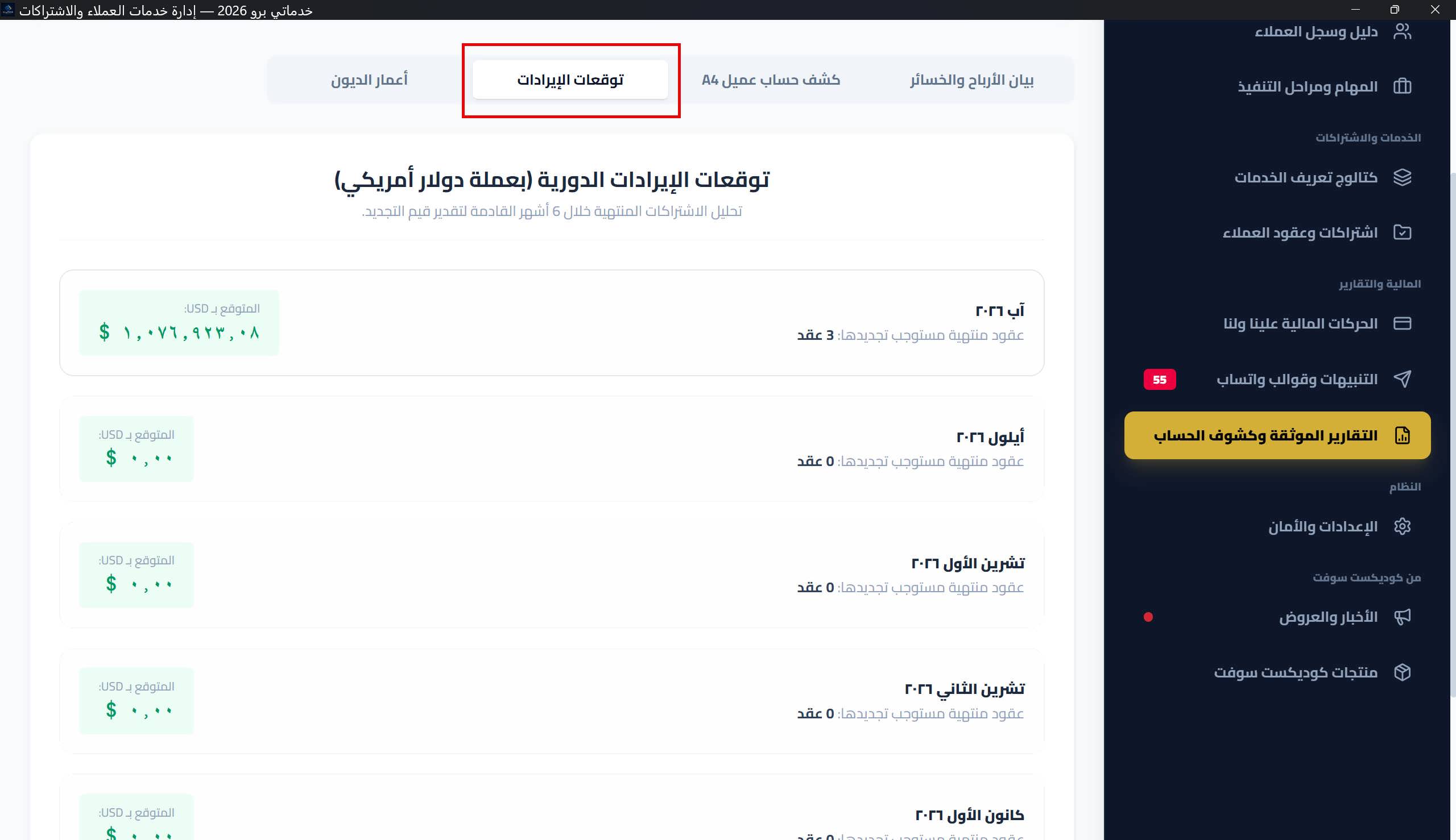 تبويب توقعات الإيرادات: بطاقات الأشهر الستة القادمة
