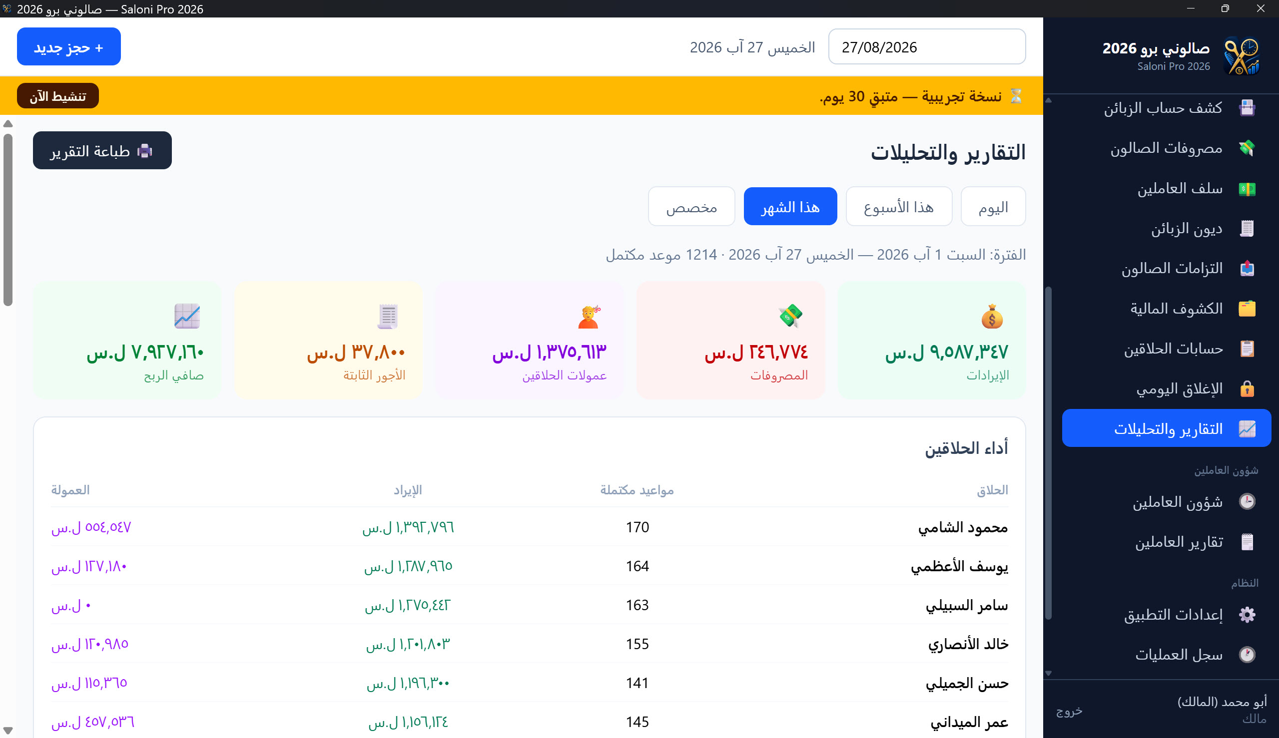 صفحة التقارير والتحليلات